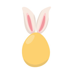 Easter painted yellow egg with long white bunny ears. Cute vector design isolated on white background. Holiday template for print, notepads, greeting cards, postcards, social media, textiles