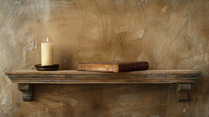 Old vintage book on light shelf with candle. .