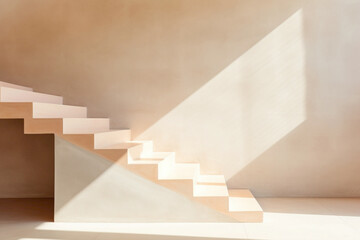 A captivating interplay of light and shadow dances across the smooth surfaces of a beige staircase, embodying the essence of Scandinavian minimalism.