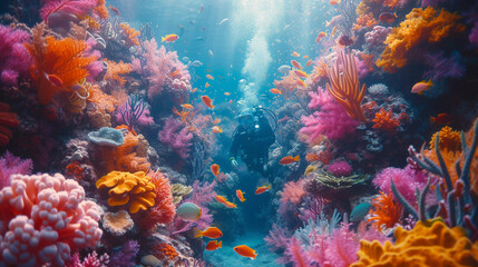 Obraz na płótnie Canvas Colorful underwater scene of a vibrant coral reef teeming with marine life in the beautiful blue sea