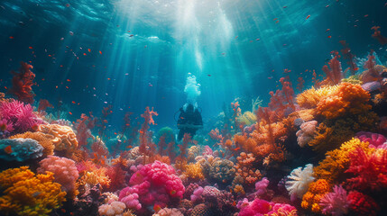 Colorful underwater scene of a vibrant coral reef teeming with marine life in the beautiful blue sea
