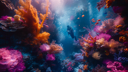 Colorful underwater scene of a vibrant coral reef teeming with marine life in the beautiful blue sea - obrazy, fototapety, plakaty