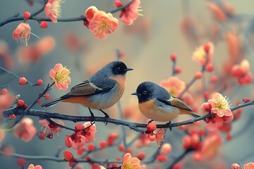 Two beautiful birds sitting on  flowering branch, A pair of exquisite birds perched on a blossoming branch, yellow and blue bird, On the branch with spring flowers, garden birds.
