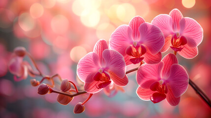 Pink orchid flowers on bokeh background with copy space. - obrazy, fototapety, plakaty