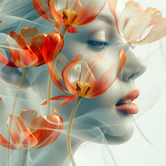 Beautiful woman with tulip flowers in her hair. Double exposure.