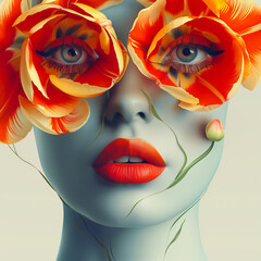 Beautiful woman's face with red tulips. Fashion art portrait.