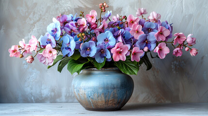 Blue and pink hydrangea flowers in a vase on a gray background