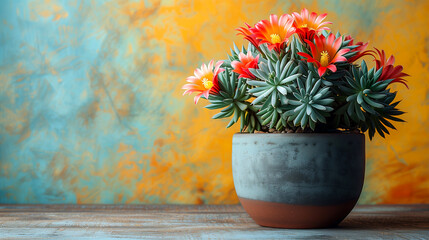 Cactus in vase on wooden table and color wall background.