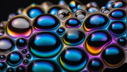 Black background with iridescent oil slick blue colored smooth soapy bubbles. 