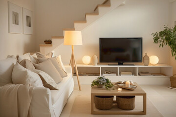 Tranquil TV room with beige stairs, soft furnishings, and Scandinavian-inspired d?(C)cor.