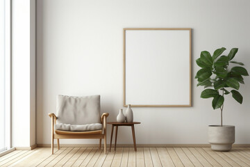 High-quality photo of a Scandinavian living room with a solitary chair, plant, and a blank frame for your custom text.