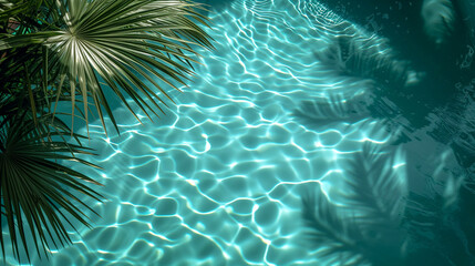 Tropical palm leaves floating in a swimming pool. 