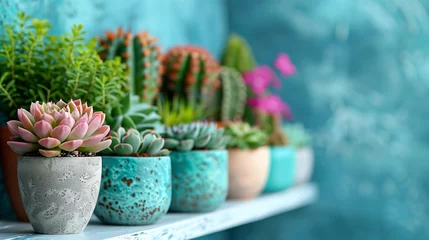 Foto op Canvas Beautiful cactuses in pots on a shelf on blue wall background © Виктория Дутко