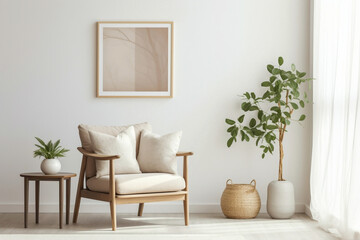 A tranquil beige living room hosts a single wooden chair, a lively plant, and an empty frame yearning for personalized expressions.