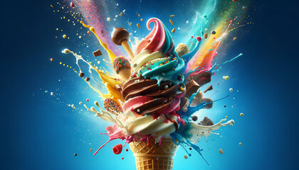 Explosive splash of colorful soft serve ice cream with toppings and sprinkles against a blue backdrop. - obrazy, fototapety, plakaty