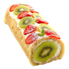 angled view of strawberry kiwi swiss roll isolated on a white transparent background.