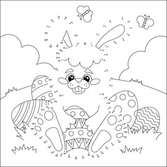 Dot to dot puzzle game with easter bunny and eggs. Worksheet for school, home. Vector illustration