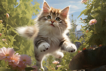 Naklejka na ściany i meble Playful kitten jumping in flower garden. Domestic pet and nature.