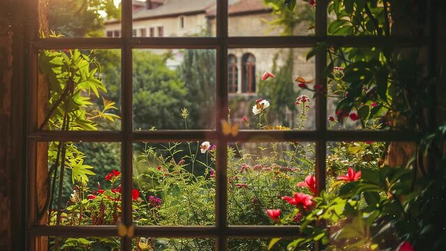 view from old house window with garden flowers. seamless looping overlay 4k virtual video animation background