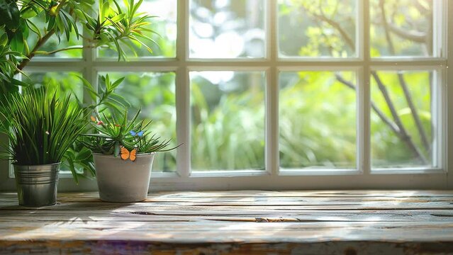 top of wood table counter on blur window view garden. seamless looping overlay 4k virtual video animation background