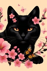 A black cat is sitting in front of a pink flower arrangement with a butterfly