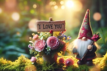 A gnome holding a sign that says "I love you" is surrounded by flowers in a pot - Powered by Adobe