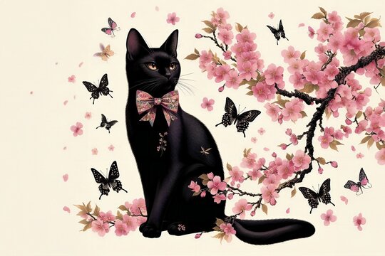 A black cat is sitting in front of a tree with pink flowers and butterflies