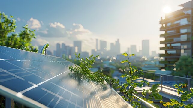 6w photorealistic image of a solar installation on a sunny day with a modern city in the background.  