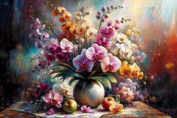 A painting of a vase with a bunch of flowers and an apple