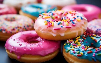 donuts with pink icing and colorful sprinkles on a black background