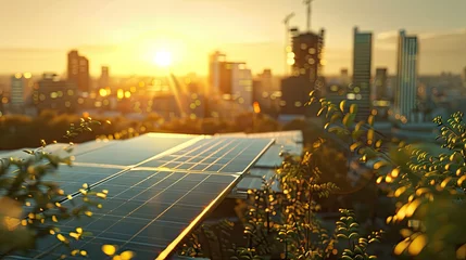 Photo sur Plexiglas Etats Unis 6w photorealistic image of a solar installation on a sunny day with a modern city in the background.  