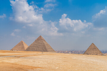 Cairo, Egypt - October 26, 2022. View of the three pyramids of Giza, Cairo.