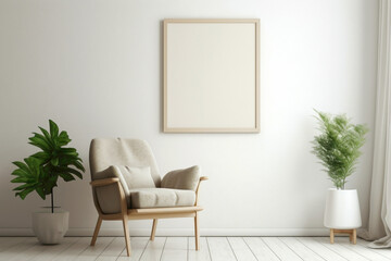 Immerse yourself in simplicity in a beige-themed living room with a wooden chair, a vibrant plant, and an empty frame ready for your message.