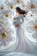 Elegant Pregnant Woman on Flowery Backdrop