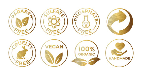 Gold vector cosmetic line icons set. free allergen icons. paraben free, sulfate free, phosphate free, vegan, organic, cruelty free icon set, vector illustration 