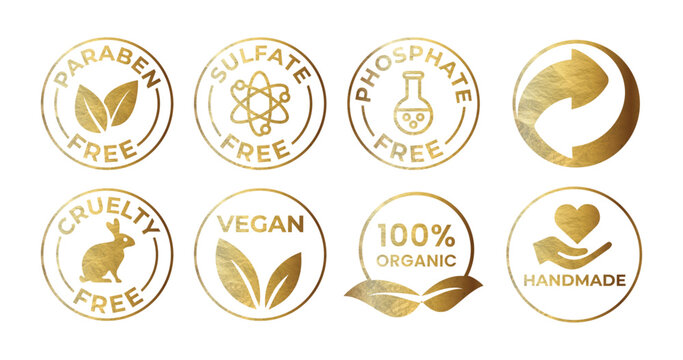 Gold vector cosmetic line icons set. free allergen icons. paraben free, sulfate free, phosphate free, vegan, organic, cruelty free icon set, vector illustration 