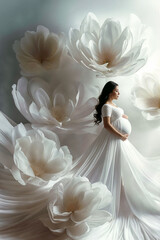 Elegant Pregnant Woman on Flowery Backdrop