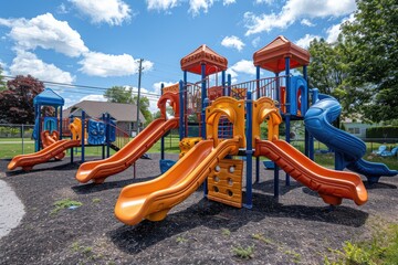 the outdoor playground in a park with colored tunnels and slides professional photography