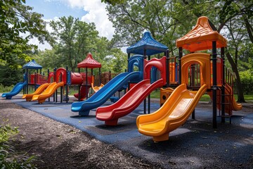 the outdoor playground in a park with colored tunnels and slides professional photography