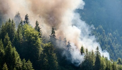 Smoke coming ouf of a forest, trees burning, fire in nature, natural disaster