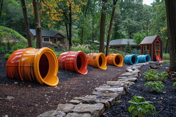 the outdoor playground in a park with colored tunnels and slides professional photography