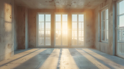Obraz premium A room with wooden floors and walls in the process of being built.