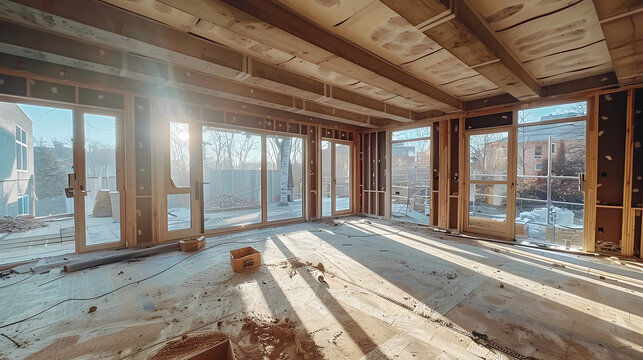 A room with wooden floors and walls in the process of being built.