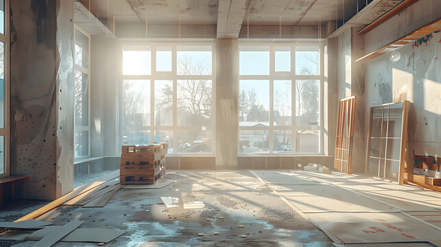 A room with wooden floors and walls in the process of being built.