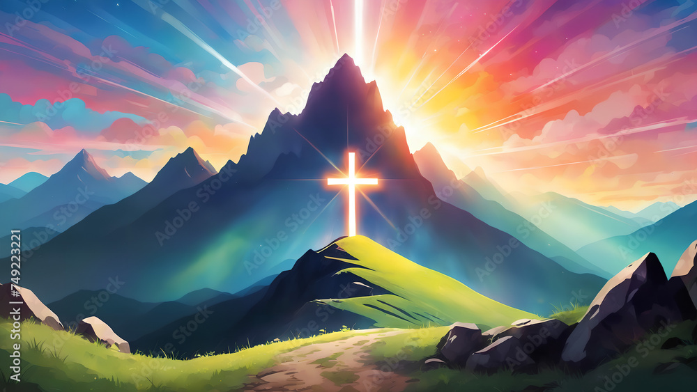 Wall mural silhouettes of cross on top mountain with bright sunbeam - Wall murals