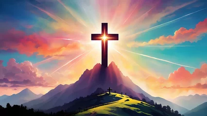 Poster Silhouettes of cross on top mountain with bright sunbeam © artmozai