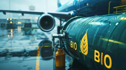 Conceptual image of green, eco-friendly fuel for aviation, symbolizing the sustainable future of air travel with a focus on environmental conservation. - obrazy, fototapety, plakaty