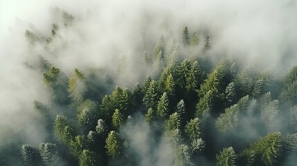 Fototapeta premium Green forest in fog drone view. The beauty of wild nature. 