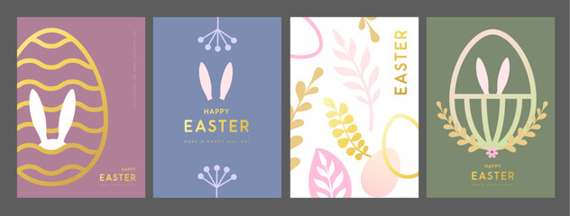 Set of holiday flat Easter posters with rabbit ears, Easter eggs, willow branch and floral elements. Vector illustration - obrazy, fototapety, plakaty