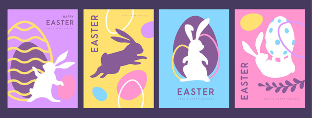Set of holiday flat Easter posters with rabbit silhouette, Easter eggs and willow branch. Vector illustration